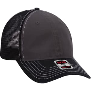 A grey and black 6 Panel Low Profile Trucker Dad Cap with a mesh back and a logo on the front.