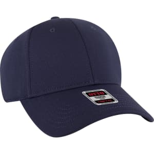 A navy blue low profile baseball cap with six panels and a branded tag.