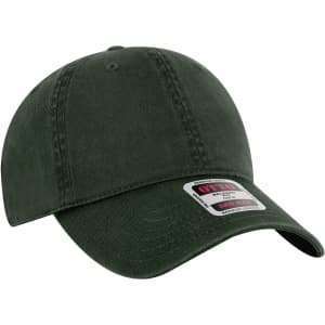 A dark green 6-panel low profile dad cap with a curved brim and a logo.