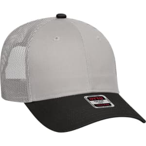 A grey and black 6-panel low profile trucker cap with a mesh back and a logo on the front.