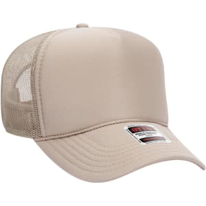 A beige 5 Panel Mid Profile Trucker Cap featuring a solid front and mesh sides, with a logo on the band.