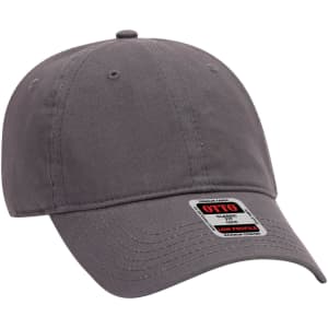 A grey 6-panel low profile baseball cap with a logo on the front and visible stitching details.