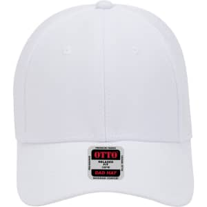 A white six-panel low profile baseball cap with a logo at the front and a tag on the brim.