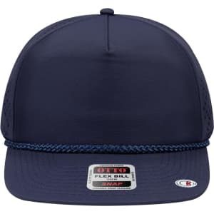 A navy blue 5 Panel Pro Style Snapback Hat with a flexible bill and a logo on the front.