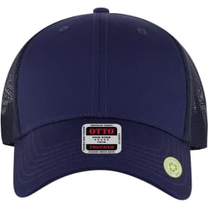 A navy Low Profile Trucker Cap with mesh panels and a logo on the front.