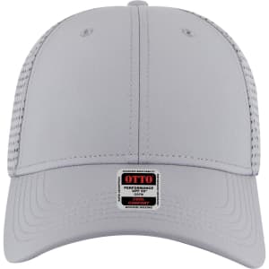 A grey 6-panel low profile baseball cap with a mesh back and a label on the front.