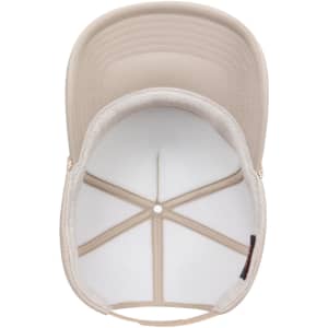 A beige 5 Panel High Crown Full Foam Cap with a structured crown and an interior lining. Features a logo on the side.