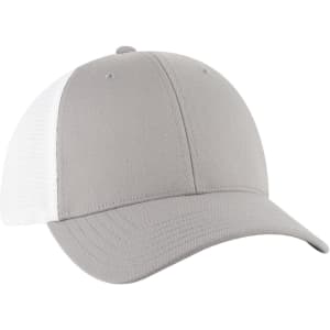 A grey trucker cap with a low profile and white mesh side panels, featuring a branding logo.