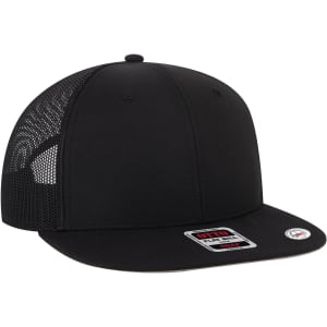 A black 6-panel mid-profile trucker cap featuring a flat brim and mesh sides, including a logo on the front.