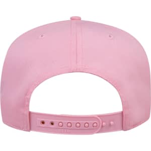 A pink 5-panel mid crown baseball cap featuring an adjustable strap and a logo on the back.