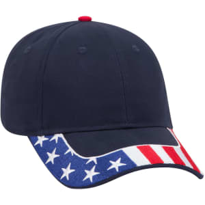A navy blue baseball cap featuring a red button on top and a stars and stripes pattern on the brim. It has a logo.