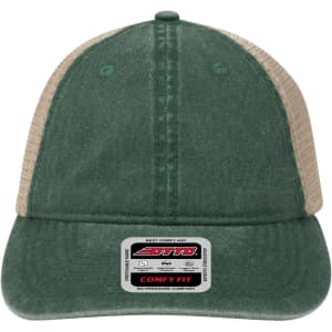 A green and beige low-profile trucker cap featuring a mesh back and a logo on the front.
