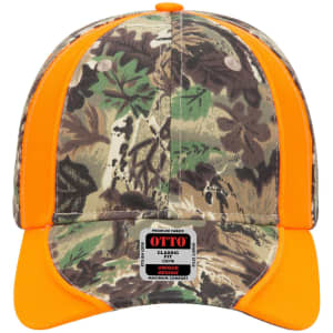 A camouflage baseball cap with orange accents and a branded label on the front.
