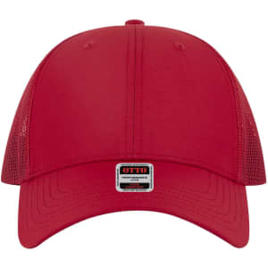 A red low profile trucker cap with mesh sides and a logo on the front.