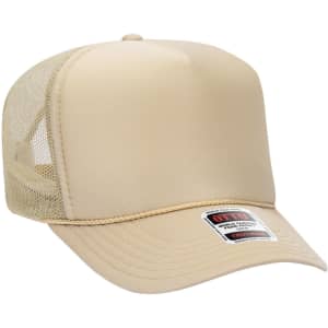 A beige 5 Panel High Crown Trucker Cap with mesh sides and a logo patch on the front.
