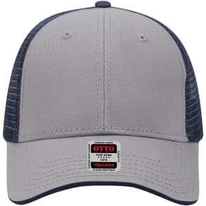 A grey and navy low profile trucker cap featuring a mesh back and a logo tag on the front.