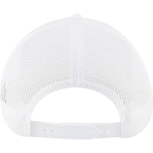 A white low-profile trucker cap featuring a mesh back and an adjustable strap. It includes a logo.