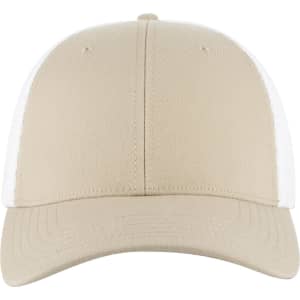 A beige trucker cap with white mesh panels and a low profile design, featuring a logo on the front.