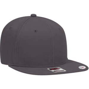 A grey 6 panel mid-profile snapback cap featuring a flat brim and a logo on the side.