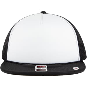 A 5 Panel Style Trucker Cap featuring a white front and black mesh sides, with a black flat brim and a logo.
