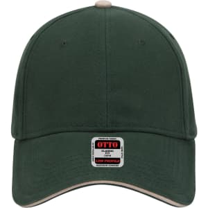 A green 6 panel low profile baseball cap featuring a contrasting beige peak and a logo on the front.