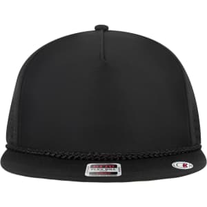 A black 5 panel pro style snapback hat featuring a flat brim and a branded label on the front.
