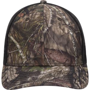 A camo baseball cap in shades of green and brown with a low-profile design and mesh backing. It features a logo.
