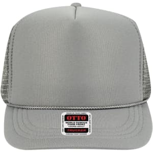 A grey 5 panel high crown trucker cap with a mesh back and an attached logo label on the front.