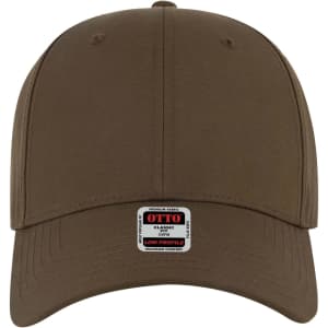 A brown 6 panel low profile baseball cap with a branded label on the front.