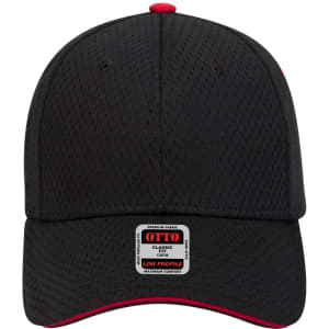A black low profile baseball cap with red accents and a logo on the front. It features a classic six-panel design.