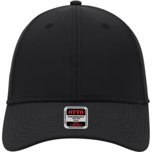 A black six-panel low profile baseball cap with a logo on the front. Designed for UPF 50+ protection.