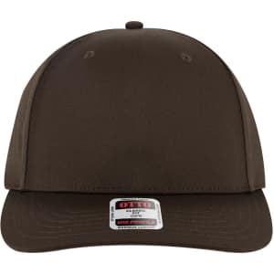A mid-profile baseball cap in dark brown with a logo on the front. Features a seamless six-panel design.