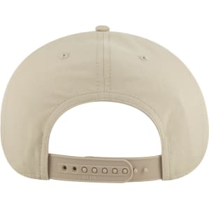 A beige 5 panel pro style snapback cap featuring a back closure and a logo.