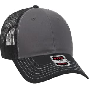 A grey and black six-panel low profile trucker cap with a mesh back and a logo on the front.