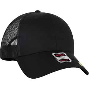 A black low profile trucker cap with a mesh back and an adjustable fit, featuring a logo.