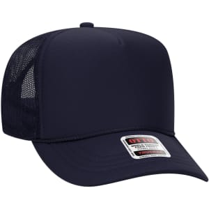 A navy blue 5 panel high crown trucker cap with a mesh back and a logo on the front.