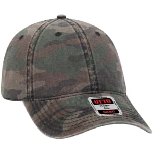 A camouflage-patterned six-panel low-profile baseball cap in earthy tones. It features a branded label.