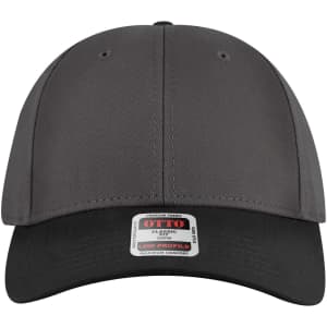 A grey 6 panel low profile baseball cap with a black brim and a logo on the side.