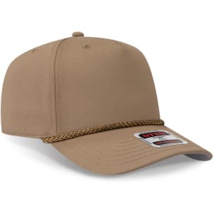 A brown 5 panel mid profile baseball cap with a chain detail and a logo on the side.