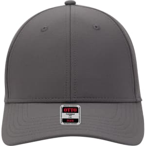 A grey 6-panel low profile baseball cap with a logo on the front. It features UPF 50+ protection.
