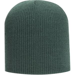 A green rib knit beanie with a fitted design and textured pattern. It has a logo on the side.