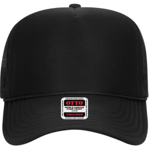 A black 5-panel high crown trucker cap featuring a mesh back and a logo patch at the front.
