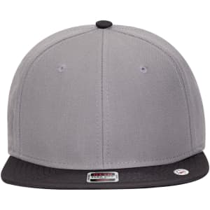 A grey snapback cap with a black peak, featuring a flat crown and eyelet vents. It has a branding logo on the front.