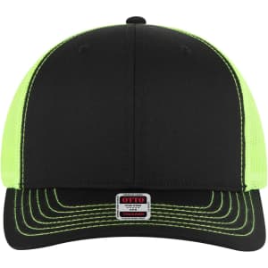 A black and neon green 6 panel mid profile trucker cap with mesh sides and a logo on the front.