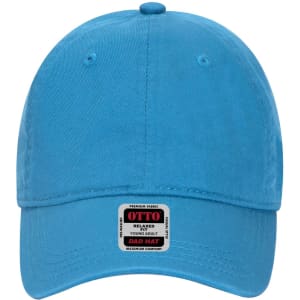 A blue 6-panel low profile dad cap featuring a branded label on the front.