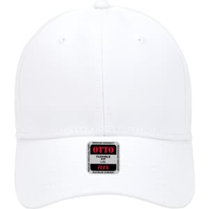 A white 6-panel low profile baseball cap with a logo tag on the front. The cap has a flexible fit design.