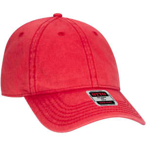A red 6 panel low profile dad cap with a logo on the front.