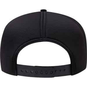 A black 5 panel high crown full foam cap featuring an adjustable strap at the back.