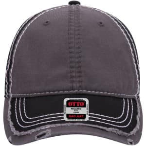 A grey six-panel low profile dad cap with contrast stitching and a branded label on the front.