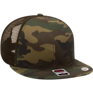A camouflage 6 Panel Mid Profile Trucker Cap featuring a mesh back and a branded logo.